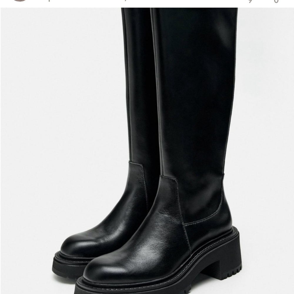Zara Black Faux Leather Tall Lug Sole Boots Size